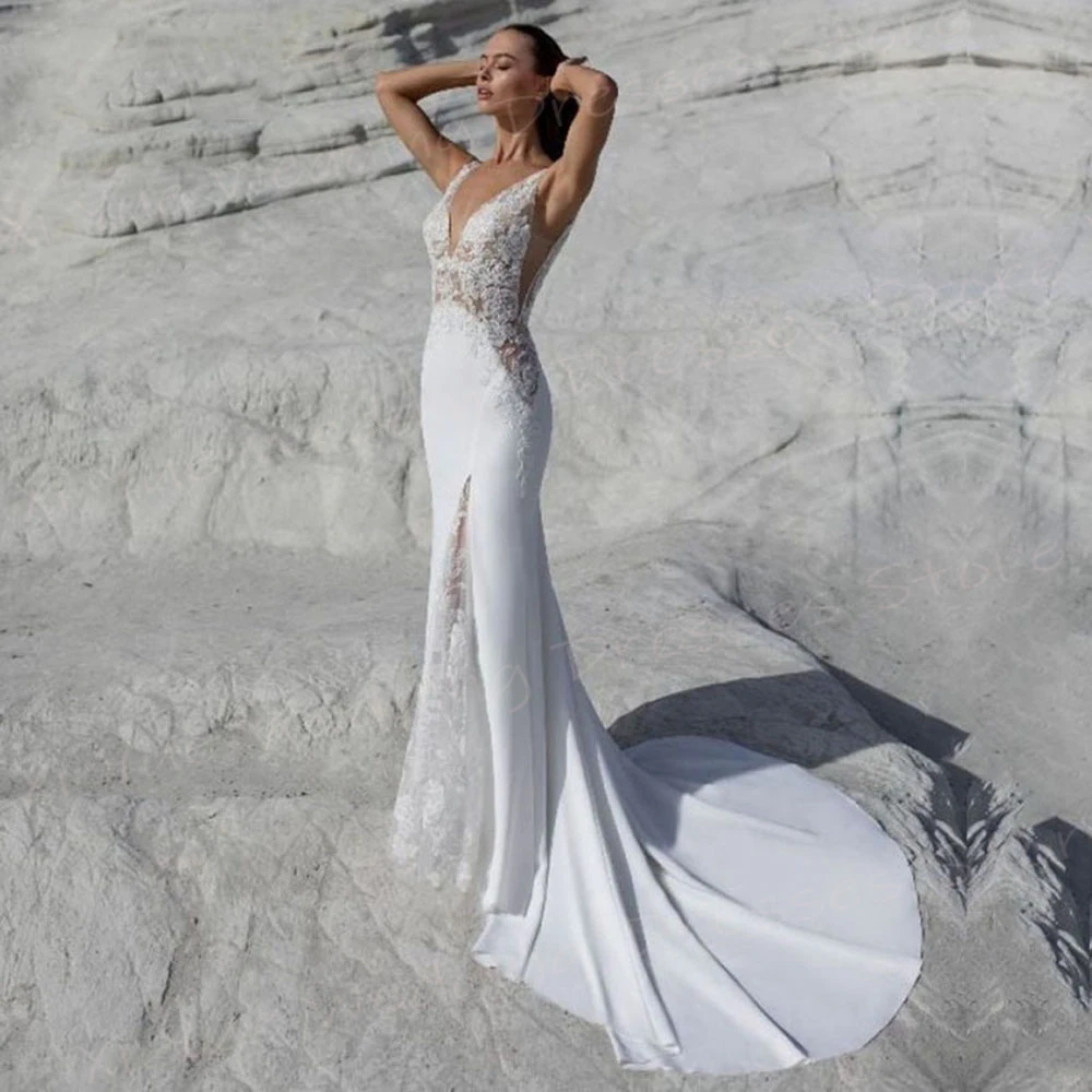 Boho Charming Mermaid Graceful Women's Wedding Dresses Sexy V-Neck Lace Appliques Bride Gowns Sleeveless Backless فستان الزفاف