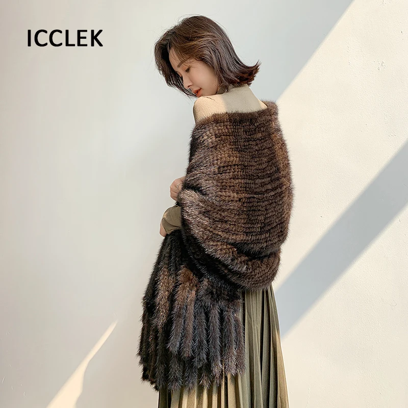 Mink Fur Shawl Women Winter Warm Luxury Large Size Fur Scarf Ladies Knitted Fur Scarves Women Wraps Evening Party Bridal Shawls