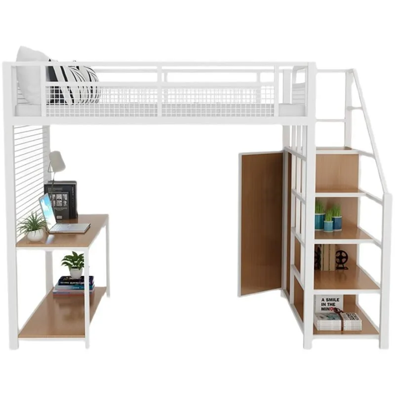 #Small bedroom wrought iron elevated bedon the bed under the table Duplex single apartment Multifunctional iron frame bed Studen
