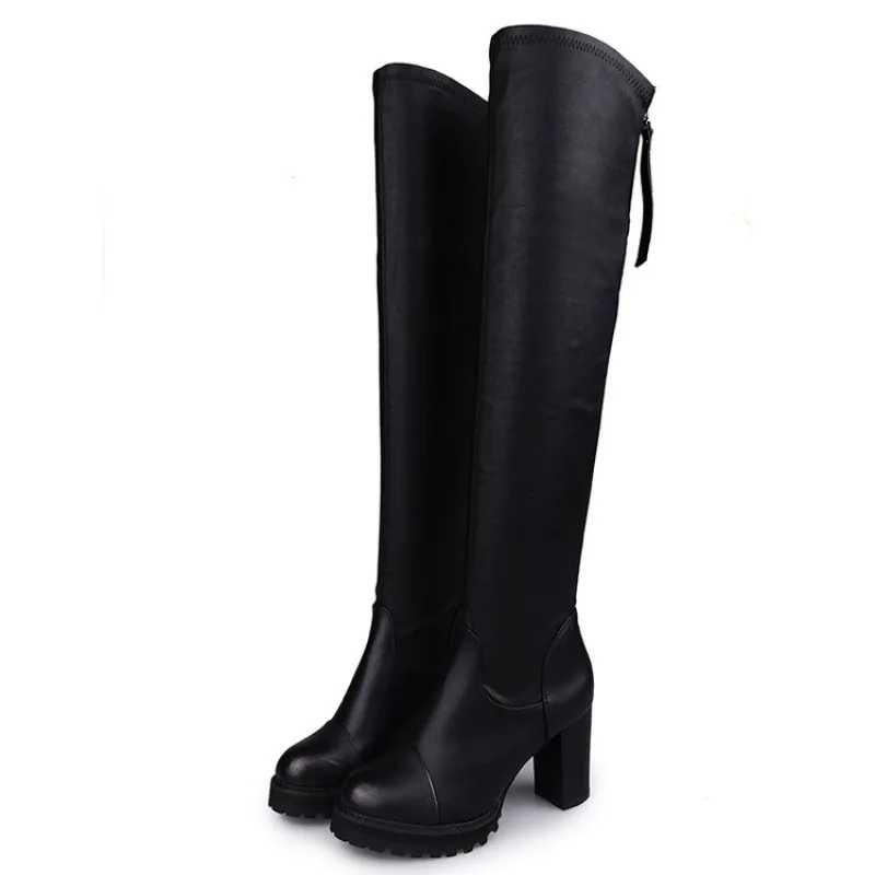 Shoes for Women Leather Thick High Heel Footwear Elastic Winter Knee High Ladies Boots Long Platform 2024 Black Botas Femininas