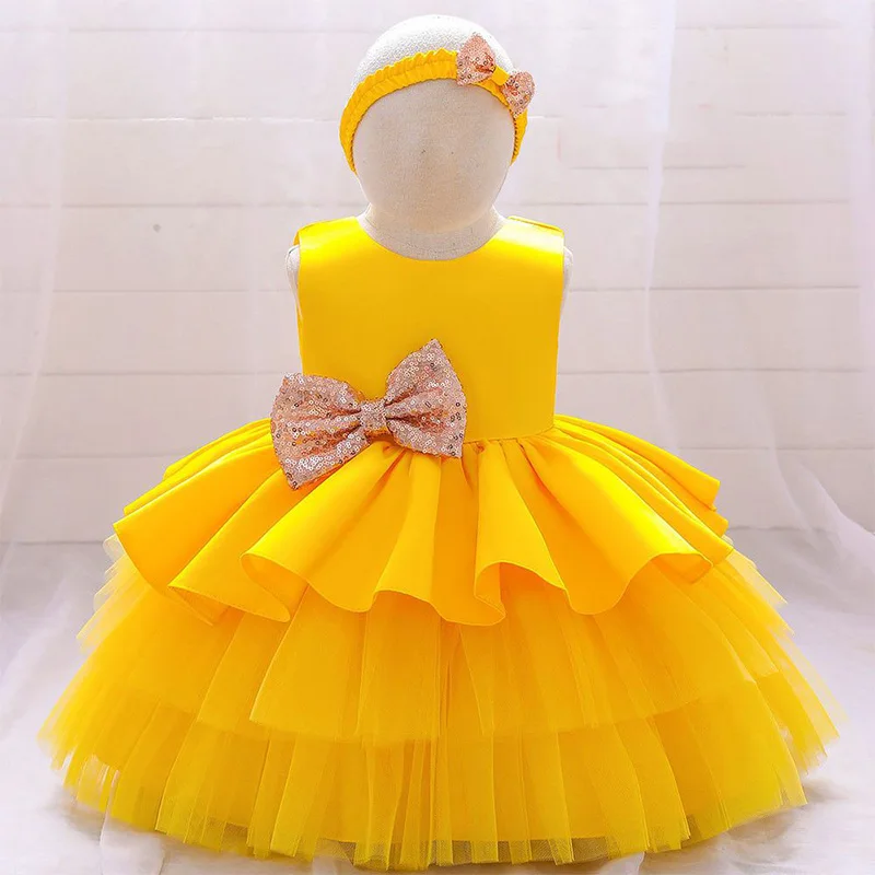 Kids Clothes Girls Crew Neck Solid Color Bow Spray Gold Splicing Lace Sleeveless Backless Birthday Puffy Gauze Cake Dresses