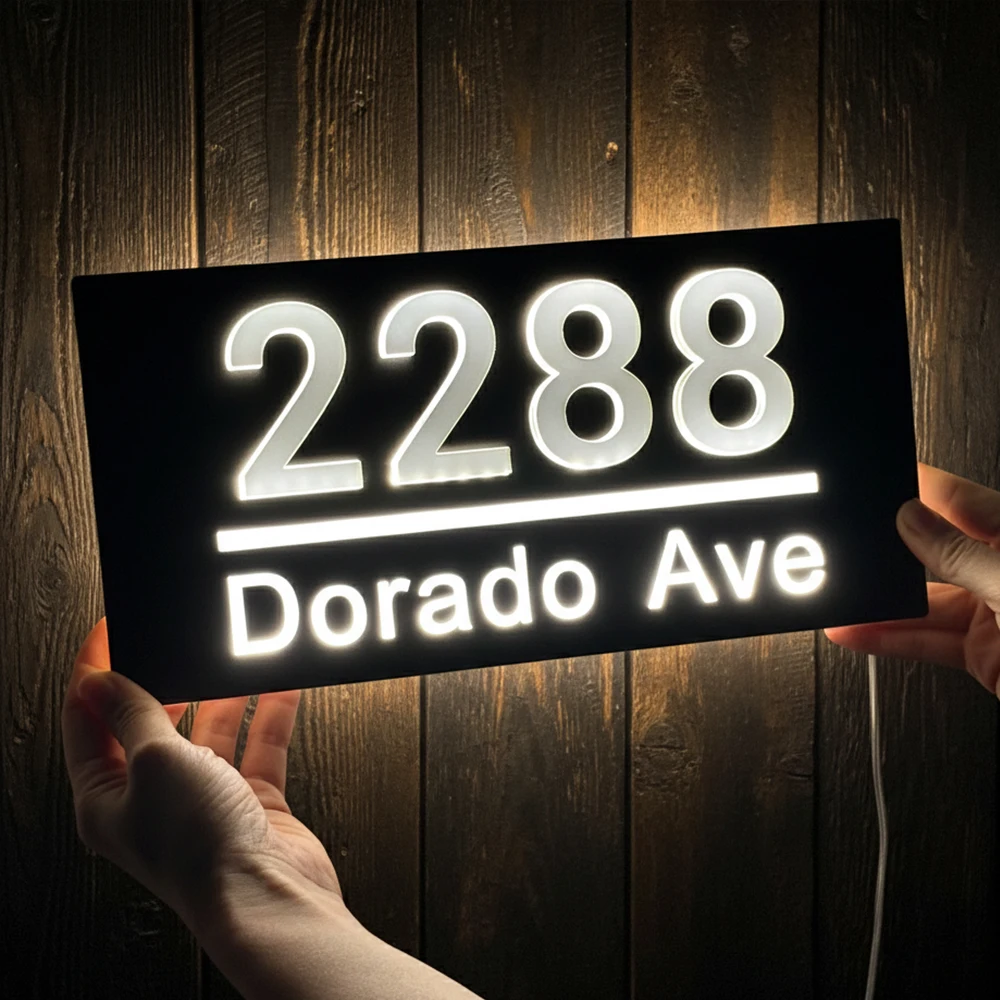 Custom House Number Sign Personalized Light Exterior LED Light House Plaque 3D Laser Cutting Street Family Name Door Sign Gift