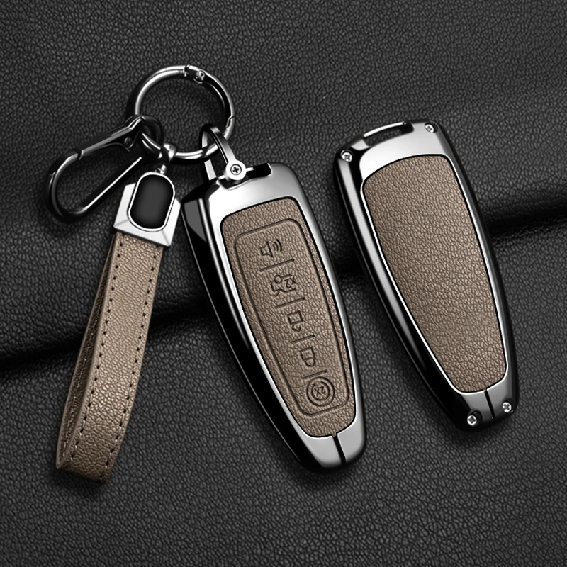 

Car Zinc Alloy Leather Key Case Cover For Ford Edge Explorer Escape Focus Taurus Flex Lincoln Navigator Protector Keychain