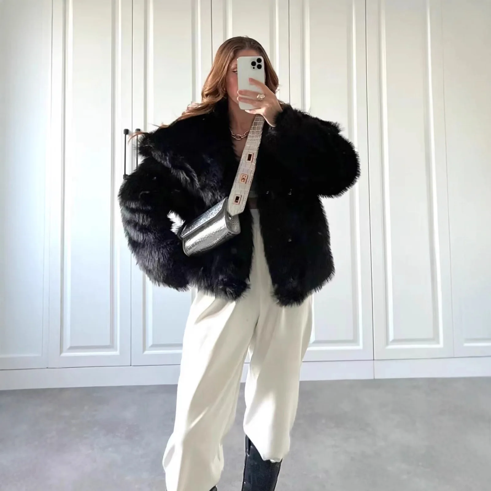 Faux Fur Coat Women Solid Fur Jacket Turn Down Collar Long Sleeve Single Breasted Loose Thick Warm Fur Casual 2025 Autumn Winter