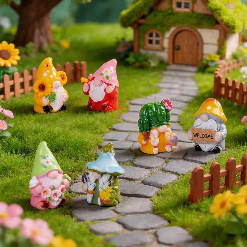 Mini 6Pcs Gnome Figurine Resin Craft Micro Landscape Ornament for Car Desktop Lawn Elf Bonsai DIY Christmas Decoration Xmas Gif