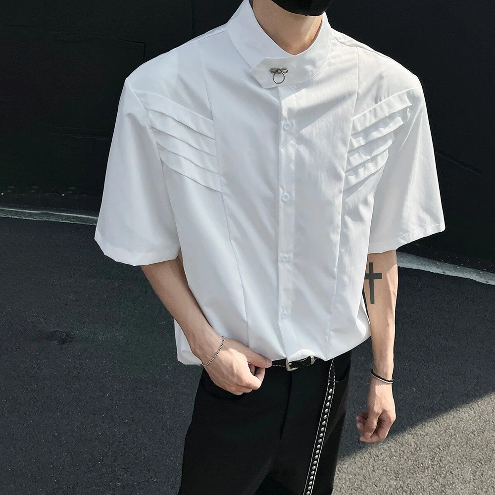 

Mens Deconstructed Metal Buckle Layered Shoulder Padded Shirt Streetwear Fashion Youth Outdoor Short Sleeved Top Men'S Wear 2026