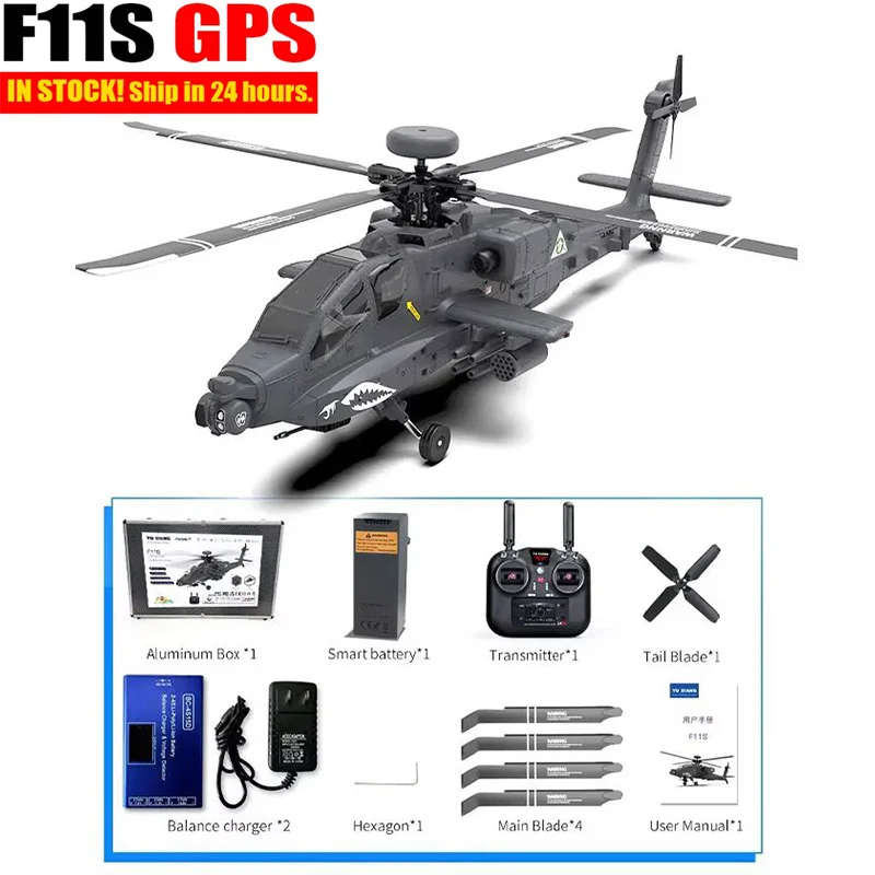YUXIANG F11S Apache AH-64 GPS Stabilized RC Helicopter 1/34 Apache Armed Simulation Helicopter Low Battery Return Flight RTF