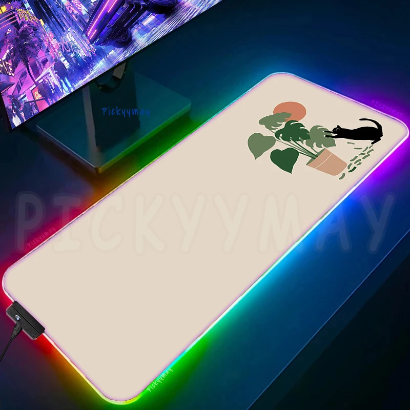 Imagem -03 - Cute Cat Led Gaming Mousepad Backlight Desk Mat Rgb Luminous Mouse Pad pc Gamer Xxl 90x40cm