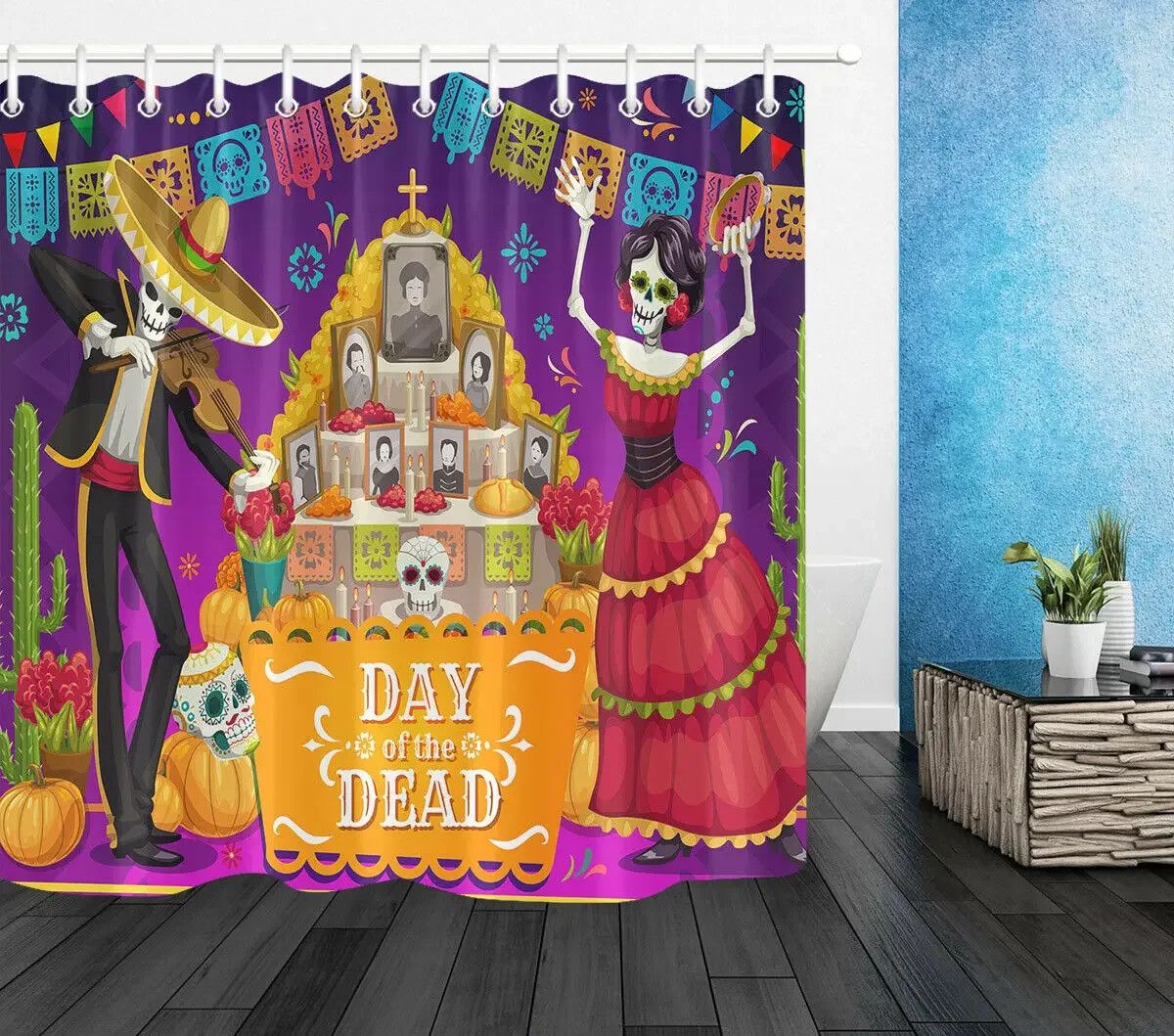 Fabric Shower Curtain Set Mexican Day of the Dead Skull Bathroom Decor Hooks