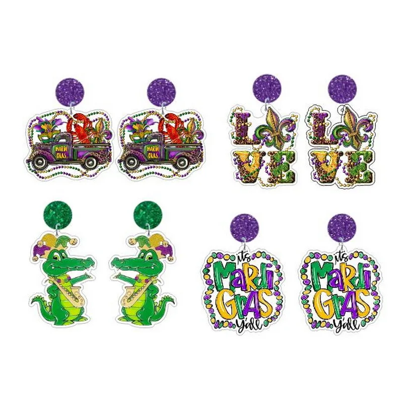 European Mardi Gras Colorful Truck Crocodile Letters Acrylic Earrings Creative Animal Irregular Love Earring for Women Jewelry