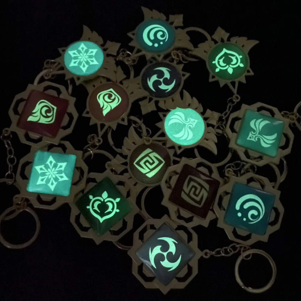 Game Genshin Impact Vision Lnazuma Keqing Wendi Ganyu Keychain Luminous 7 Element Weapons Eye of Original God Key Ring Chain