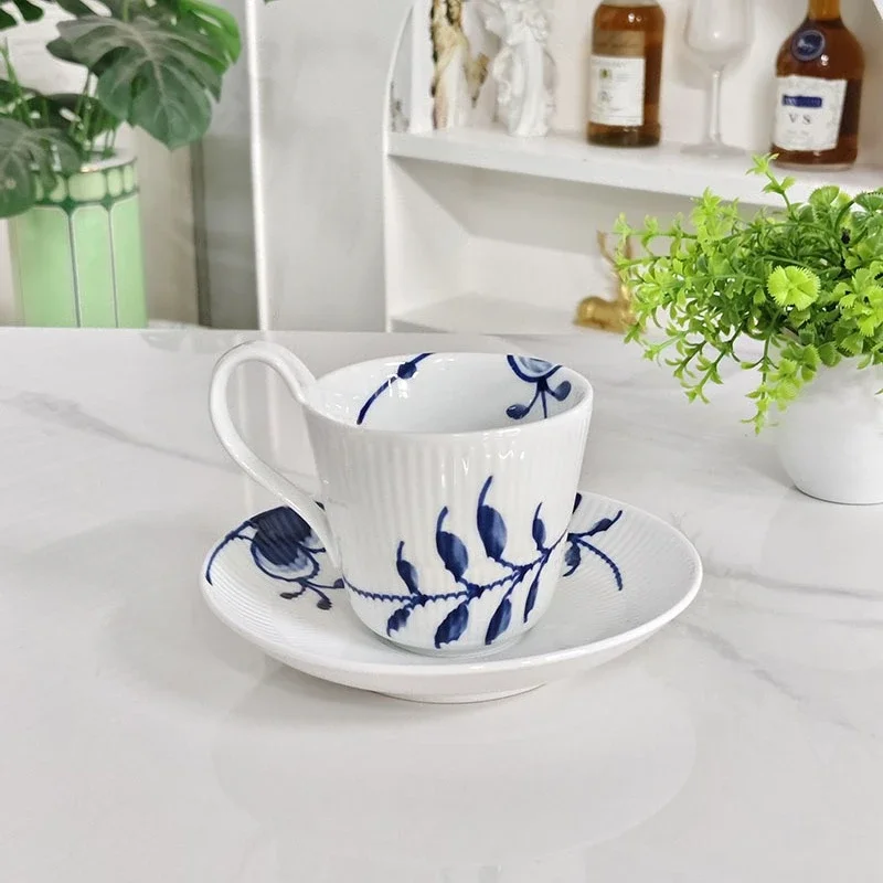 Bone China Coffee Cup And Saucer Set Retro Blue And White Afternoon Tea Ceramic Cups