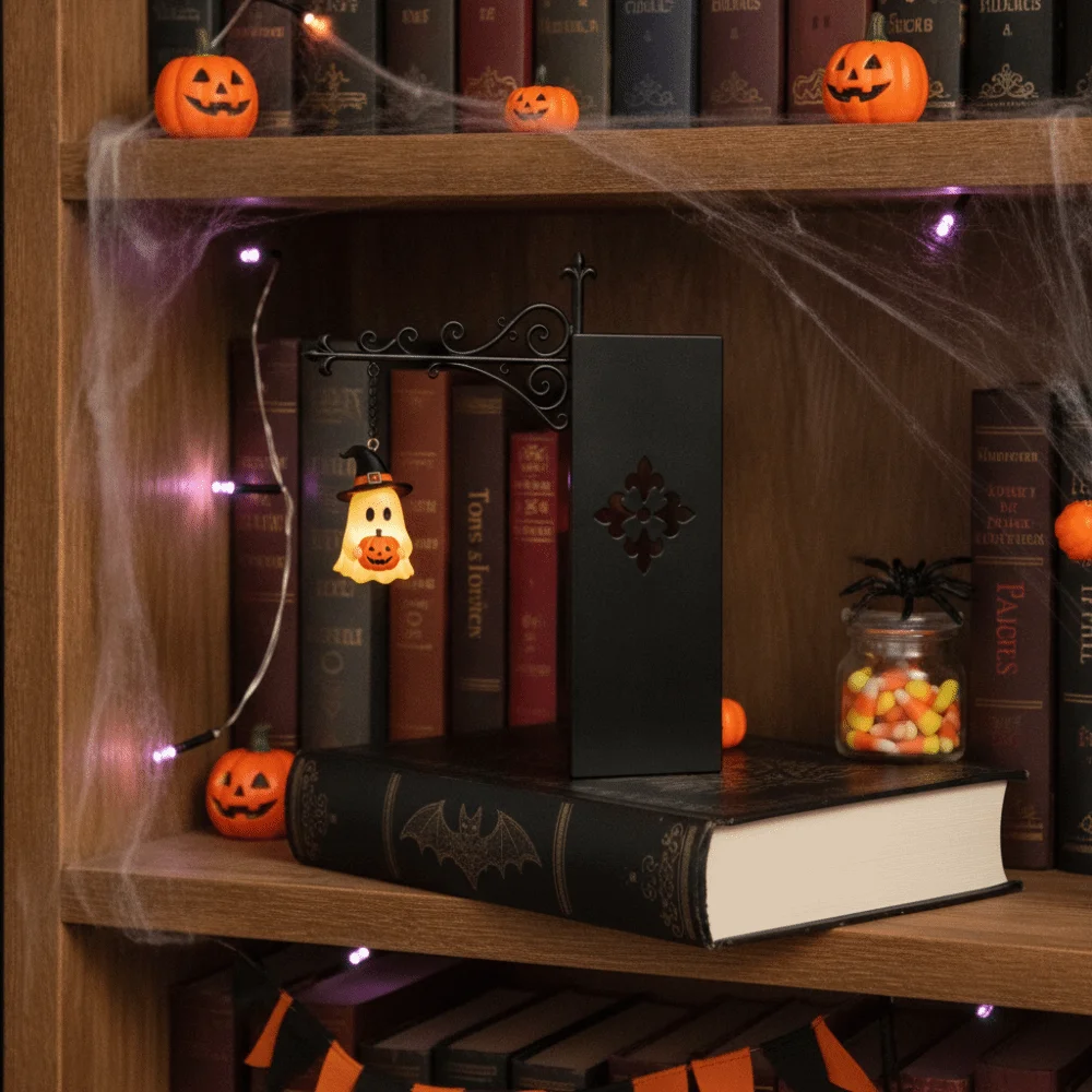 Wrought Iron Street Lamp Bookends Button Cell Battery Powered Matte Black LED Glowing Lantern Hollow Out Retro Style