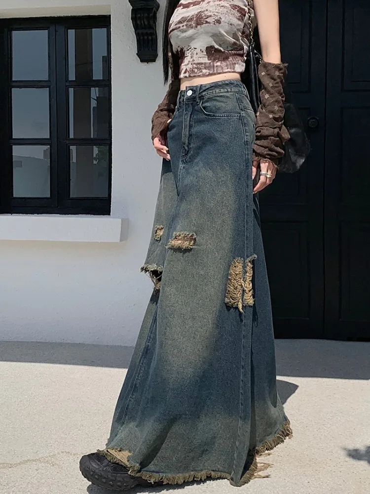 S-XL A Line Long Denim Skirt 2023 High Waist Vintage Tassel Hole Midi Jeans Skirts Women Ripped Long Jeans Skirts Style(L9018