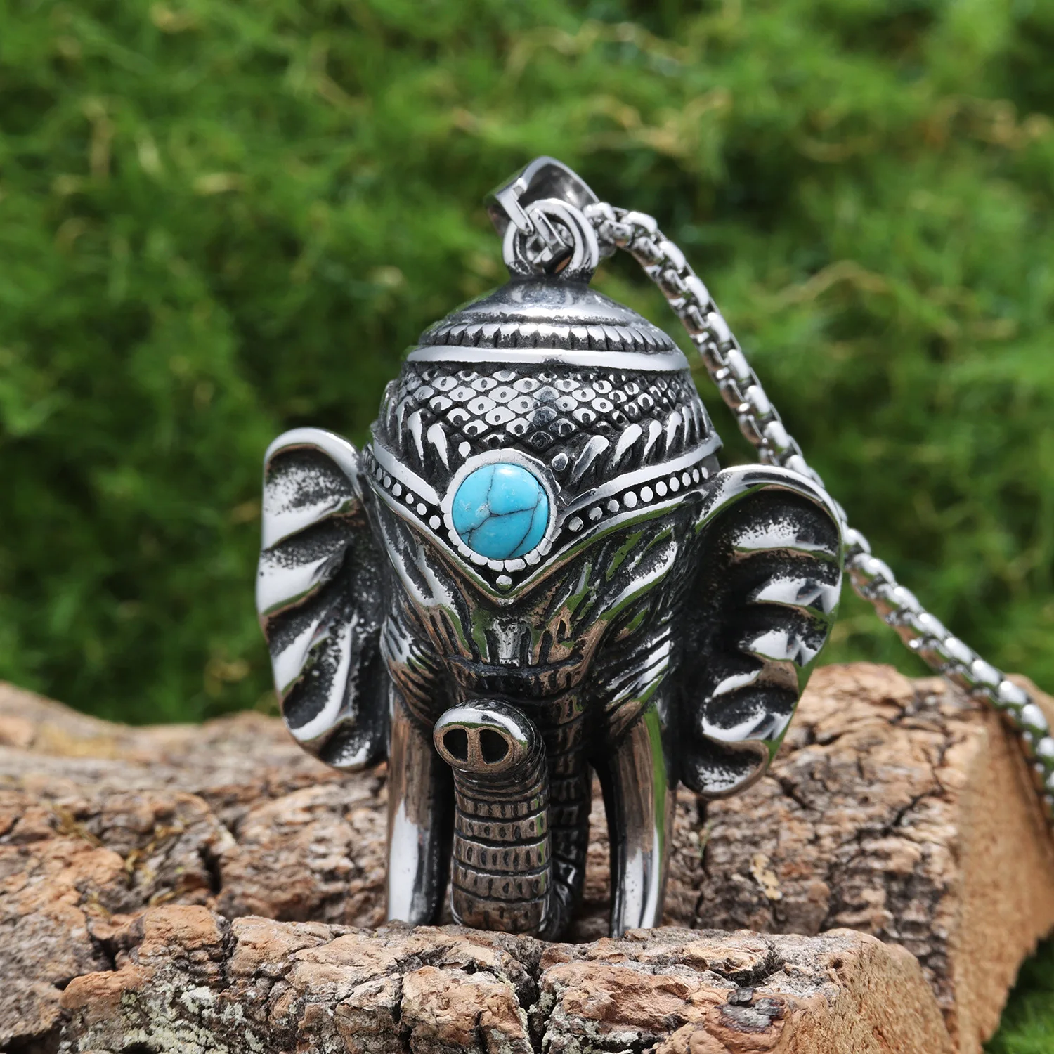 Gepersonaliseerde hot-selling dierenserie in Europese en Amerikaanse stijl jungle patroonheilige olifant ingelegd met turquoise roestvrij staal