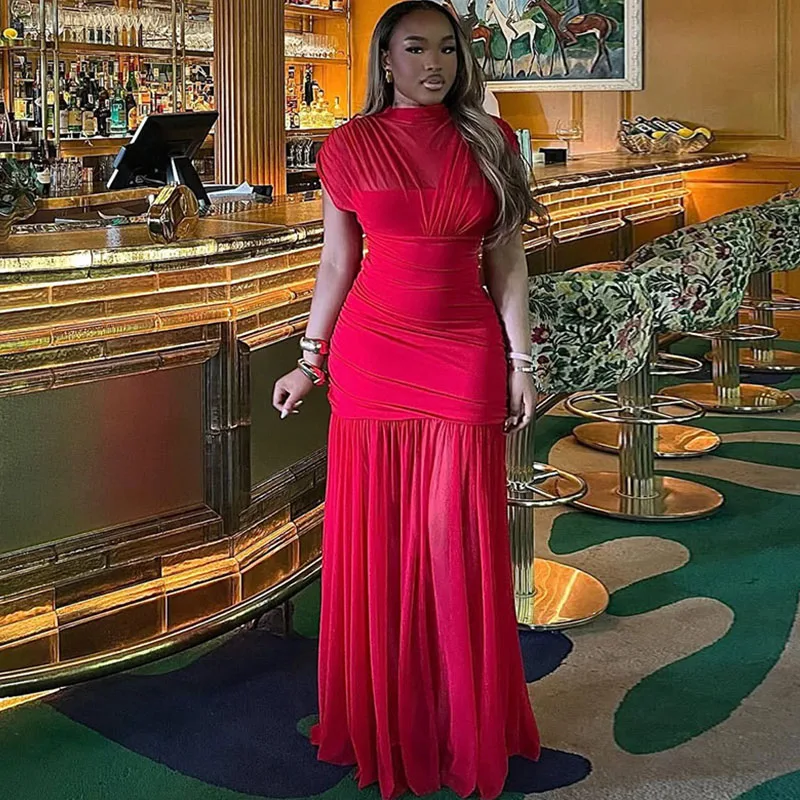 Abito lungo aderente con volant increspato patchwork trasparente sexy da donna anche discoteca celebrità senza maniche o-collo tubino abito da ballo di fine anno