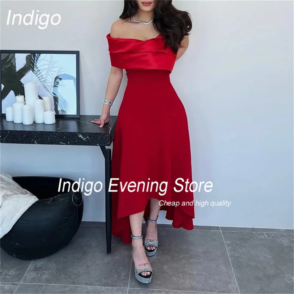 Indigo Evening Dress High-Low Off The Shoulder V-Neck Pleat Crepe Open Back 2024 Prom Gown Formal Occasion Dress فساتين السهرة