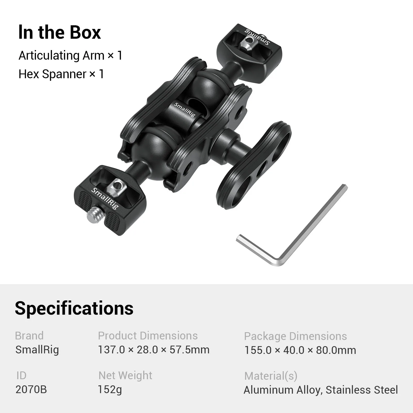 SmallRig Magic Arm met dubbele kogelkoppen 1/4”-20 schroef 360 graden full-range aanpassing voor monitor, LED-licht -2070B