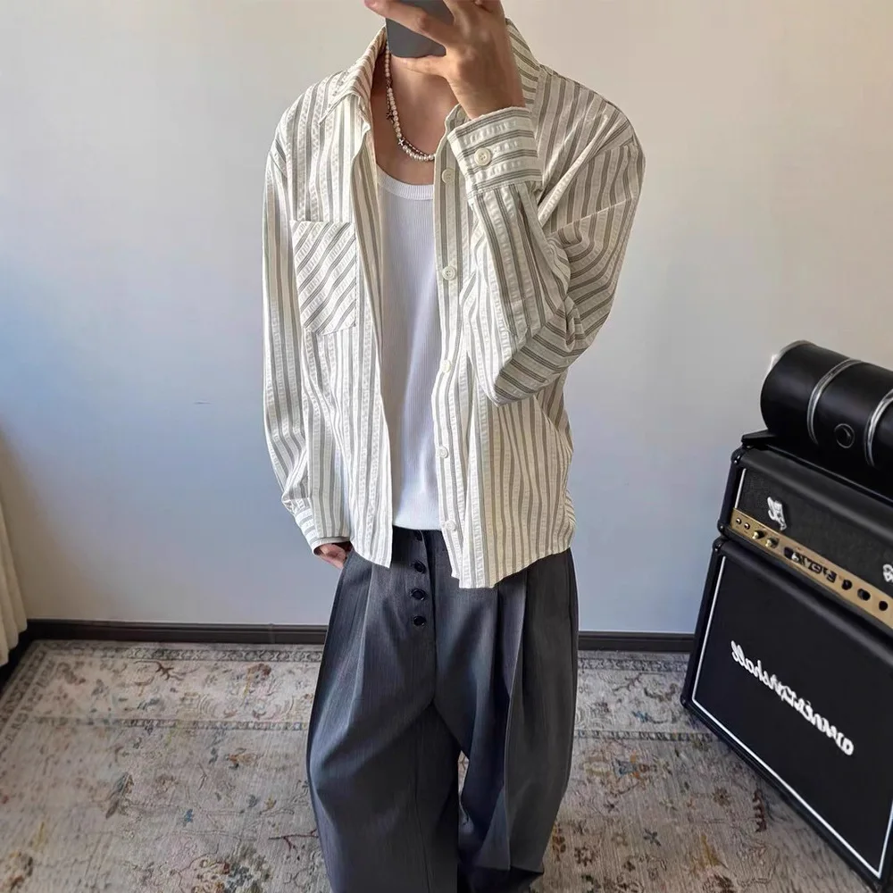 American Style Striped Bubble Shirts For Men Square Collar Button Long Sleeve Shirt Casual Comfortable Breathable Blouse