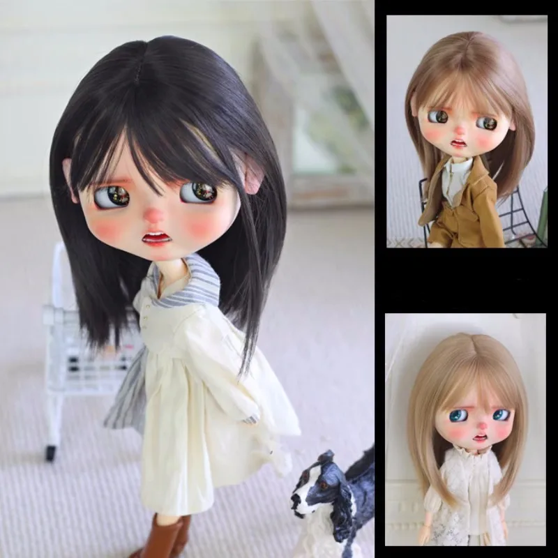 Blythe size medium long hair inside buckle Pear flower wig high temperature silk ultra-thin bangs doll accessories