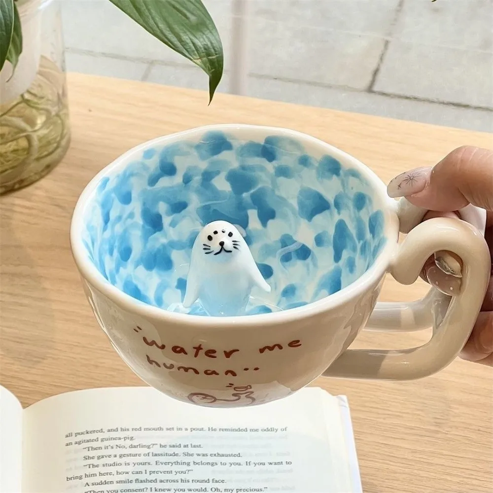 Cartoon Cute Seal Swimming Pool Ceramic Mug Ceramic Penguin Coffee Cup 3D Figure Seal Cup and Saucer Set Gift For Coffee Lover