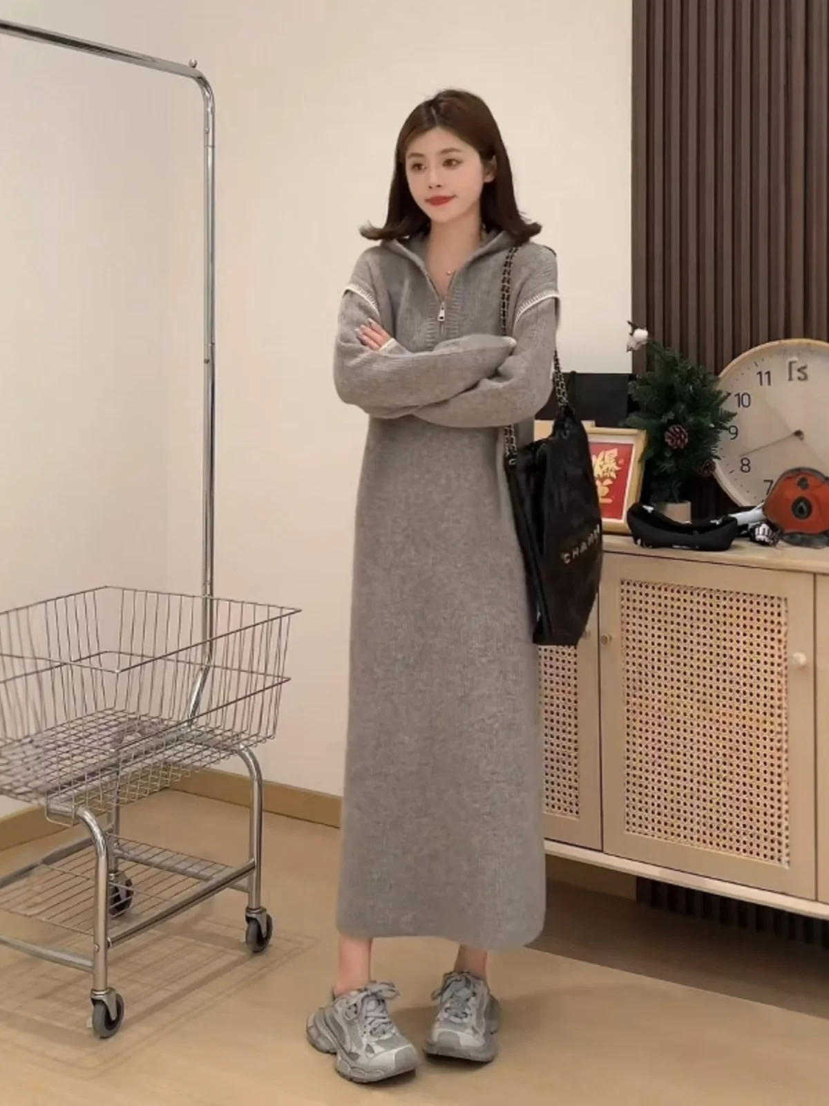 

plus Size Knitted Dr Lazy Sle Hoodie Dr Slimming Long Skirt for Plump Women High Waist Cotton Blend Autumn Faion