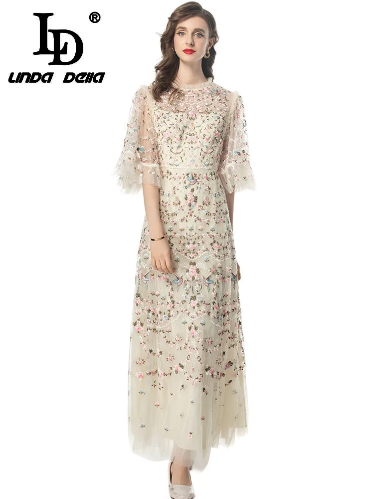 LD LINDA DELLA Summer Runway Fashion Dress Women Vintage Temperame Net Yarn Flowers Embroidery Beading Sequins Gorgeous Dresses