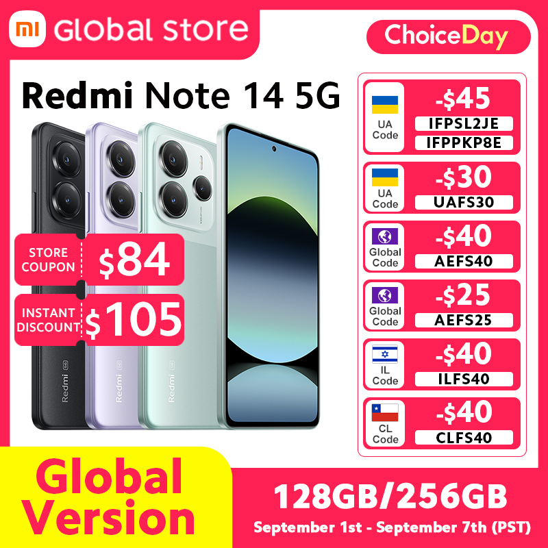  Xiaomi Redmi Note 14 5G Smartphone Global Version NFC 108MP 128GB/256GB ROM Camera MTK Dimensity 7025-Ultra 45W Turbo Charging