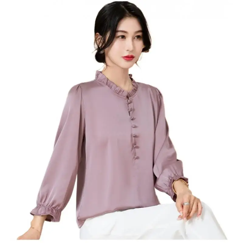 Women\'s High Quality Silk Ruffled Elegant Blouse Korean Fashion Solid Slim Office Lady Casual Shirt Long Sleeve Chic Tops Blusas