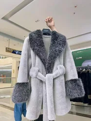 2024 Luxury Winter Warm Loose Plush Jacket Women Turn-down Big Neck Faux Fox Fur Velvet Cardigan Ladies Thick Coat With Belt