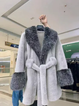 2024 luxo inverno quente solto jaqueta de pelúcia feminino turn-down grande pescoço falso pele de raposa veludo cardigan senhoras casaco grosso com cinto