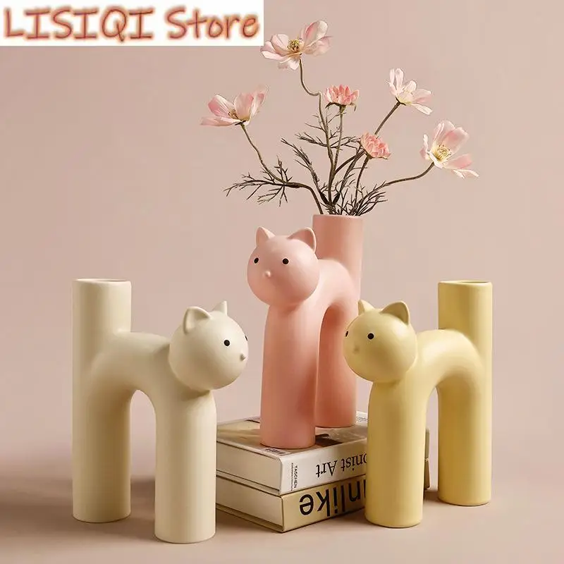 

New Cute Cat Vase Cathead H-shaped Tube Vase Flower Arrangement Hydroponics Accessories Home Furnishing Decoration Vases Pots