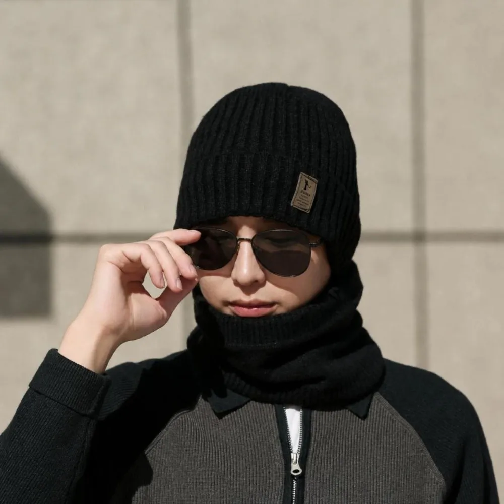 Solid Color Winter Beanie Hat Scarf Windproof Soft Knitted Cap Scarf Set Thick Velvet Lining Warm Woolen Winter Hat For Adults