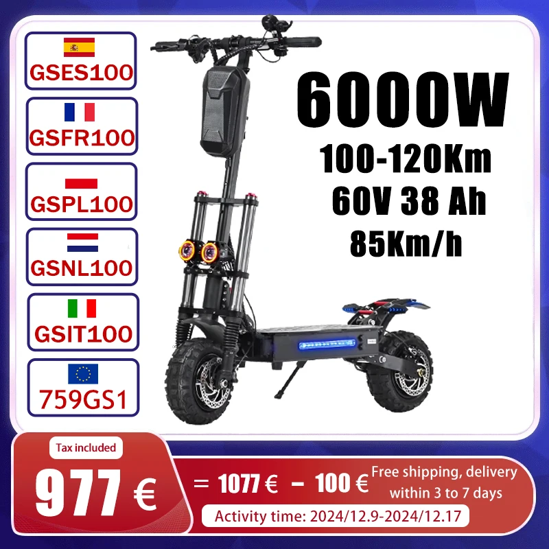 S3 Electric Scooter 6000W Dual Motor 60V-38AH Battery Top Speed 85km/h Max Range 120km Foldable 11inch Tires Max load 400kg