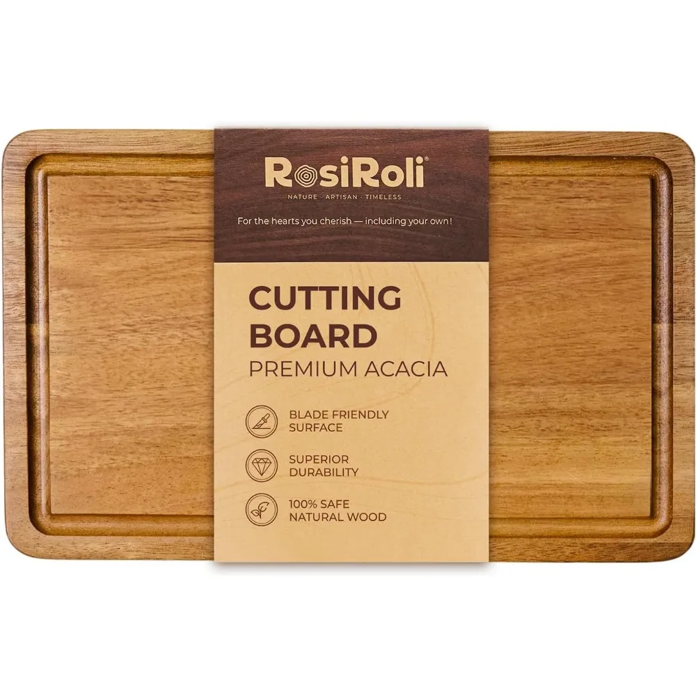 

Acacia Wood Cutting Board for Kitchen - 0.8 inch Thick Wood Charcuterie Cheese Board with Side Handles and Juice Grooves, Wooden