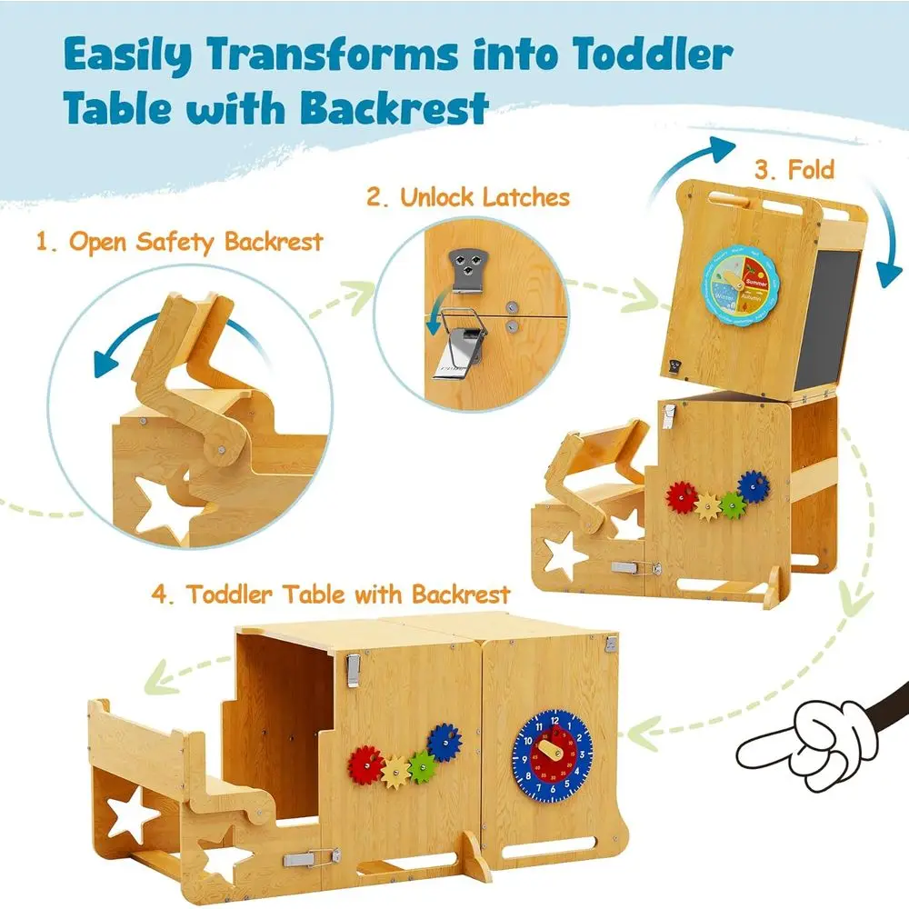 Aiutante da cucina pieghevole per bambini ad altezza regolabile, converte al tavolo e sullo scaffale, incoraggia l'autufficienza nei lavori quotidiani