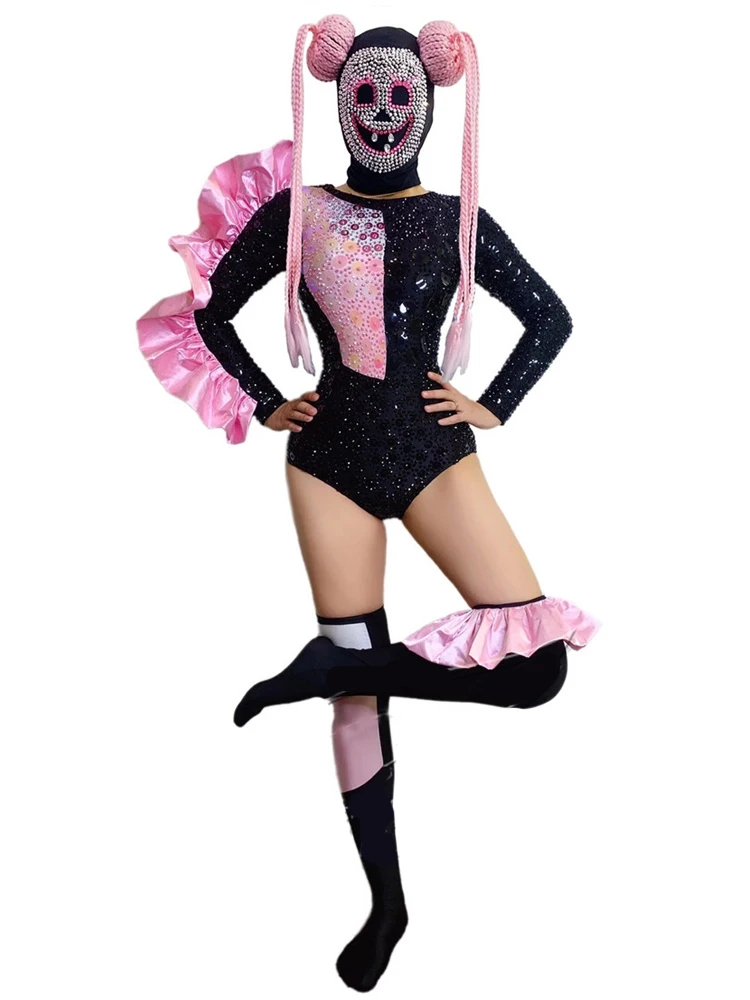 Ladies Rave Party Dance Costume Rhinestone Bodysuit Scary Halloween Headwear Pole Dance Clothing Stage Performance Wear