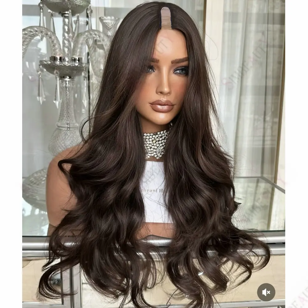 Long Slightly Wave Glueless Remy Human Hair 1x4 Size U Part Wigs 250Density 2# Dark Brown For Black Women Daily Use V Part Wigs