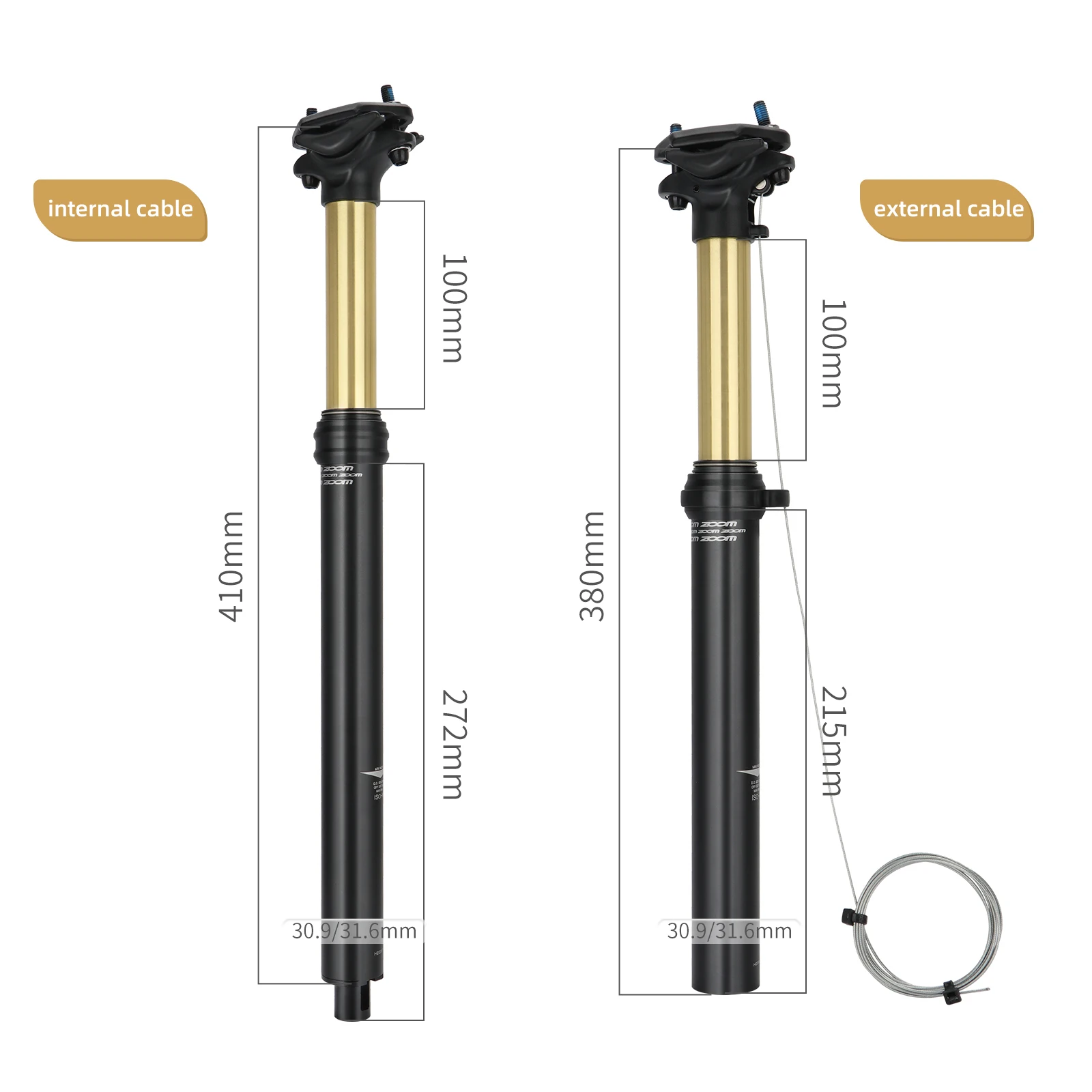 Zoom Bicycle Seatpost Travel 100MM Saddle Post 30.9mm/31.6mm Inner/Outer Wire Control Aluminum Alloy Hydraulic Dropper Seatpost