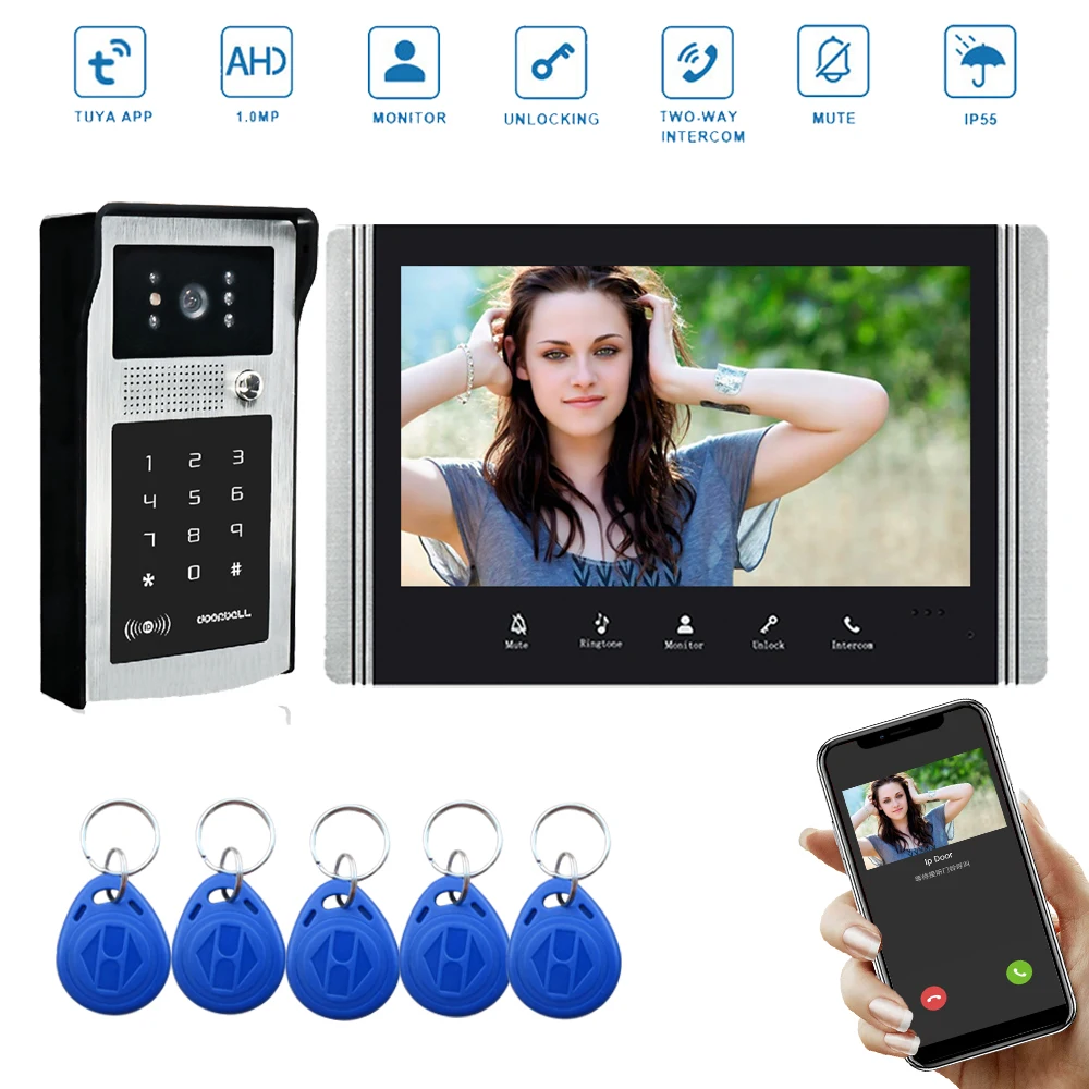 Tuya Wireless WiFi Video Doorbell Intercom System 4 Wire 7 Inch   Monitor Video Door Phone with RFID Password Unlock HD Camera