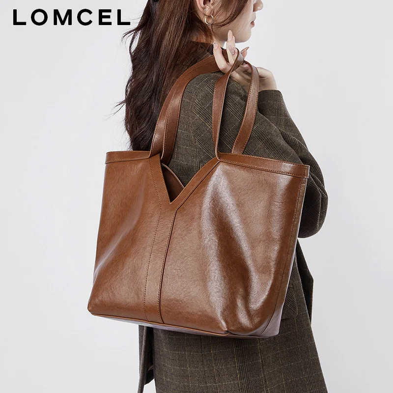 LOMCEL 137 Leather handbag in simple Korean style, made of vegetable-tanned leather, tote bag, shoulder bag, large capacity wome