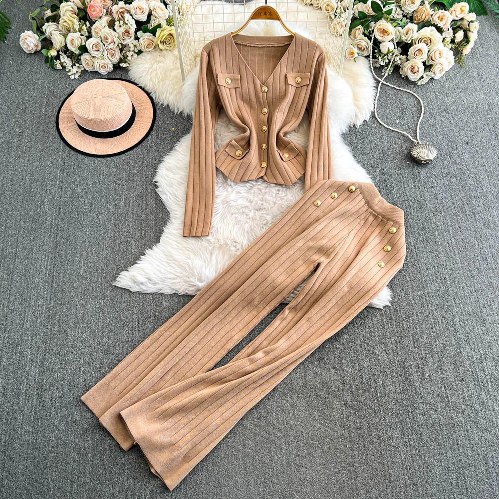 Chic Metal Buckle Women Two-Piece Sets Vintage V-neck Top High Waist Casual Pants Korean High Street Autumn Winter Knit Clothing