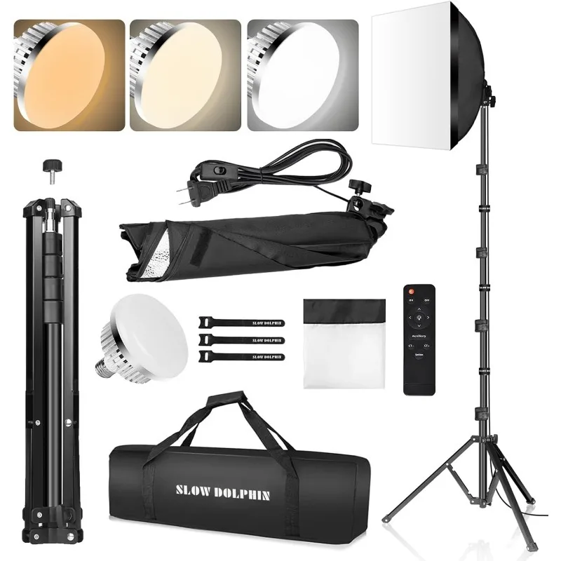 

SLOW DOLPHIN Photography Studio Softbox Lighting Kit with 16"X16" Softbox and 3 Colors Temperature 85W LED Bulb with Remote