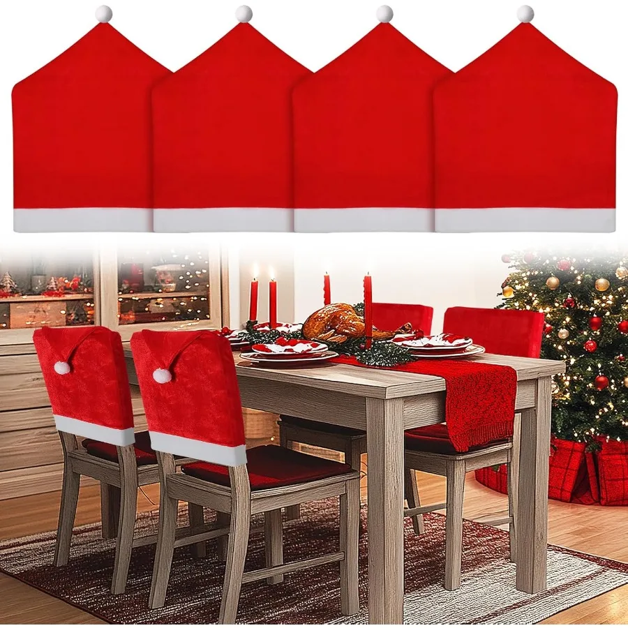 

Velvet Christmas Chair Covers with Santa Hat Design for Holiday Party Banquet Dining Table Seat Slipcovers Set of 4 Elegant Red