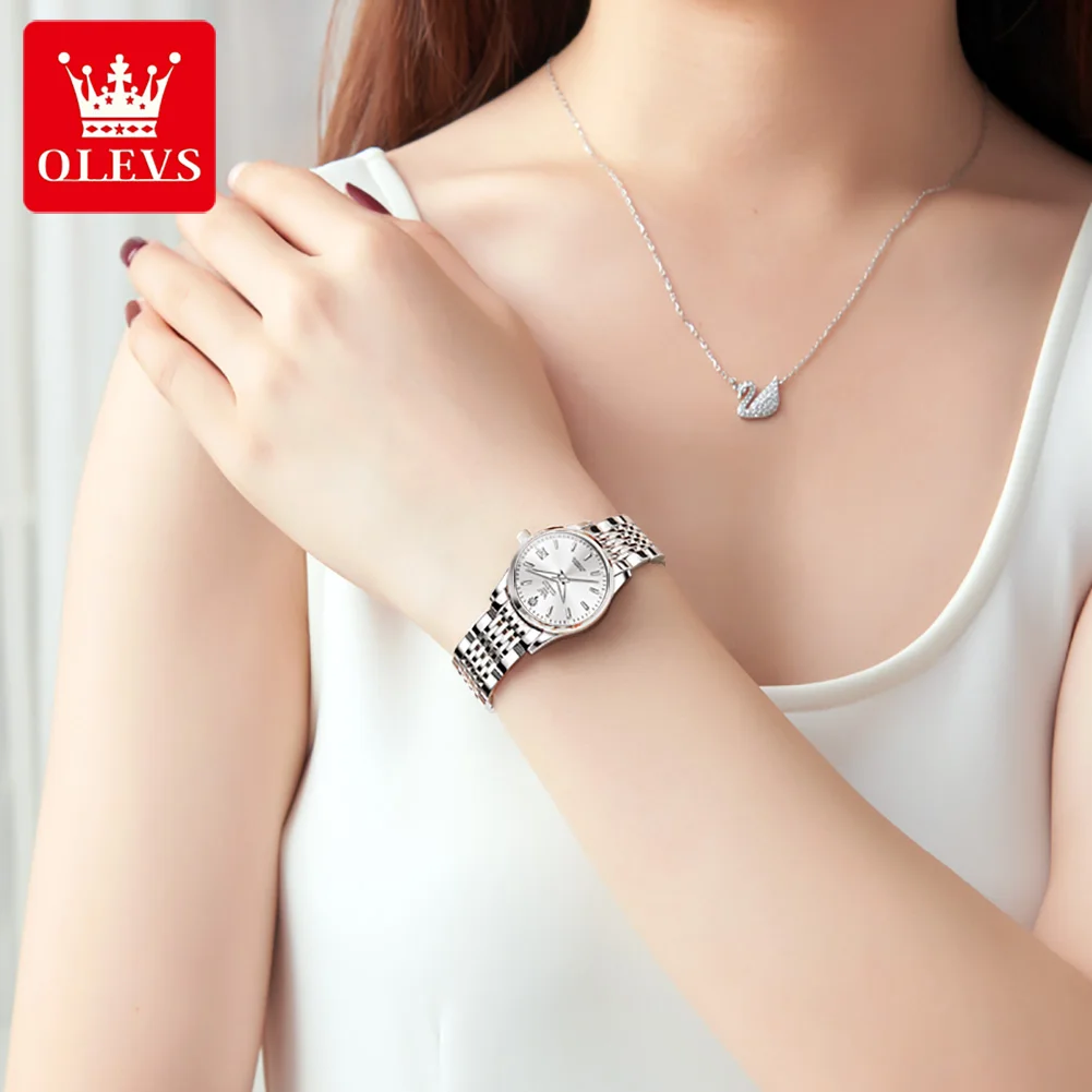 OLEVS العلامة التجارية ساعة الصلب قطاع تقويم واحد ساعة ميكانيكية أوتوماتيكية بالكامل ضوء الليل مقاوم للماء ساعة نسائية 6635
