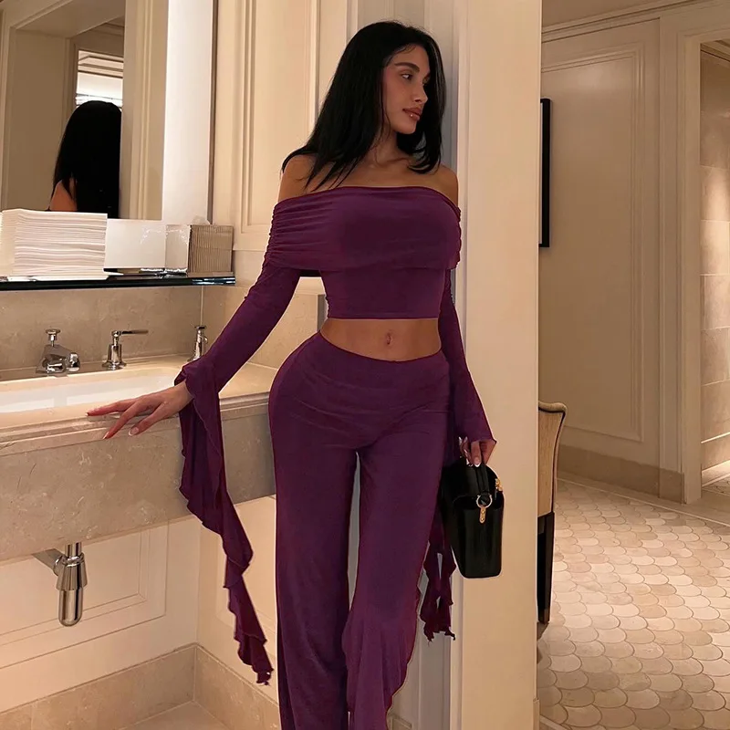 

Модный комплект из 2 предметов для женщин, элегантный укороченный топ с рюшами и разрезом на шее, с открытыми плечами и оборками, расклешенные топы с длинными рукавами + широкие брюки, костюмы