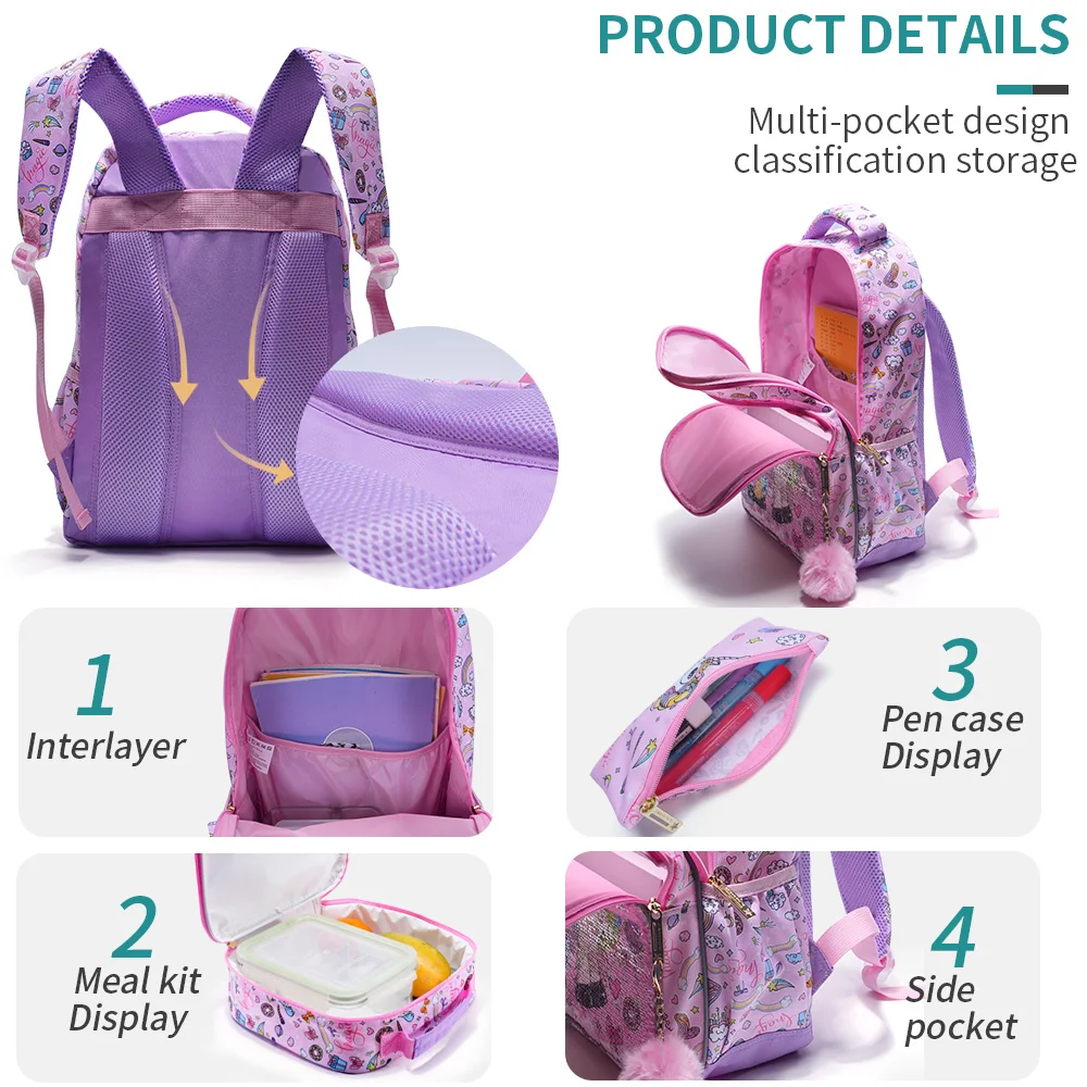 3PCS set Backpack For Girls Kids School BookBag With Lunch And Pen Bag Pink Unicorn Cute sequin Glow-in-the-dark Function