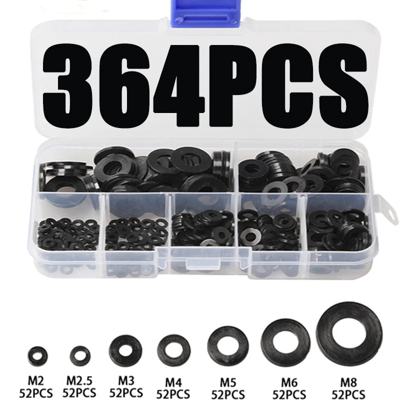 Kit d'assortiment de 364 rondelles plates en nylon et caoutchouc noir métriques M2 M2.5 M3 M4 M5 M6 M8 pour réparation et joints de meubles