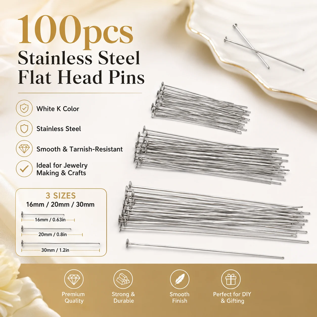 Jewelry Making Head Pins - 100 Stück Multi-Größe 16/20/30mm Weiße K-Flachkopfnadeln