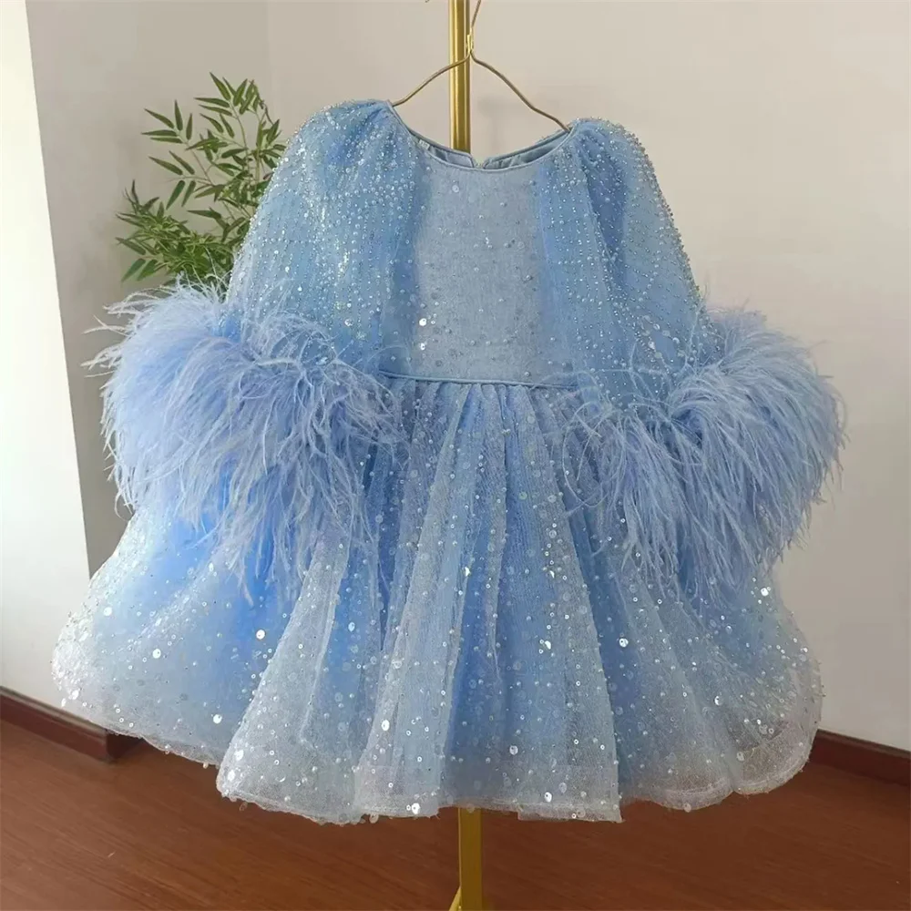 

Customized Sky Blue Flower Girl Dresses For Wedding Sparkly Sequins Feather Shawl Elegant Princess Birthday Party Banquet Gown